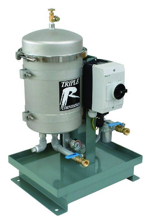 Triple R SU102-ST off-line oil cleaner, larger unit mounted on a drip tray